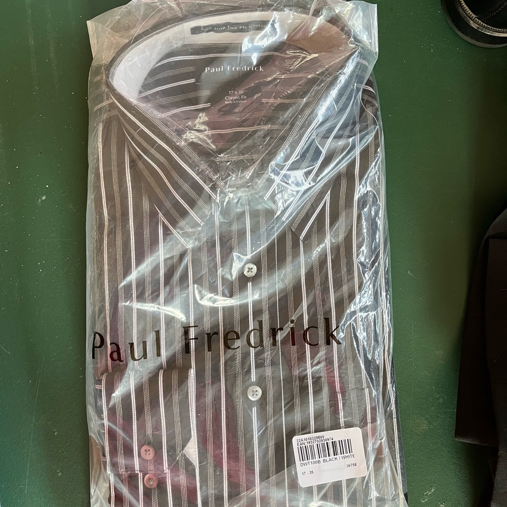 Paul Fredrick Men's Black and White Striped Non-Iron Two-Ply Cotton Dress Shirt